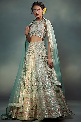 Mint Green Embroidered Lehenga Set by Suhino
