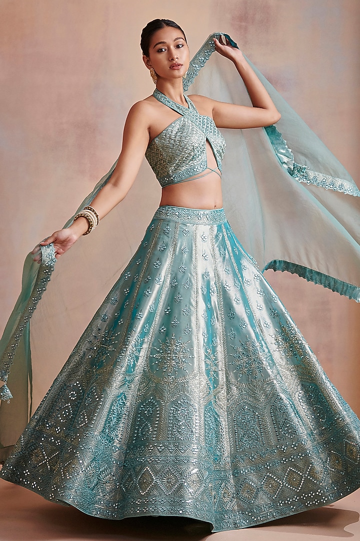 Turquoise Embroidered Lehenga Set by Suhino