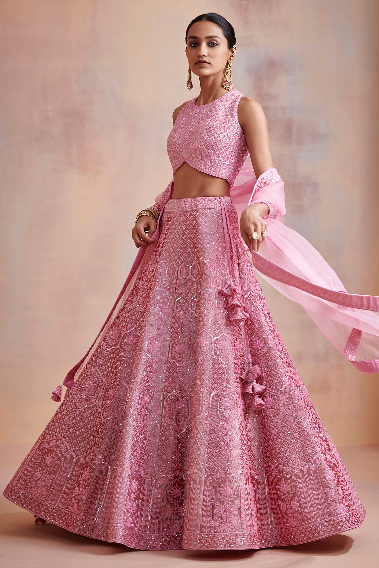 Rani Pink with Wine Silver Zari and Sequins work Crop Top Lehenga – Seasons  Chennai