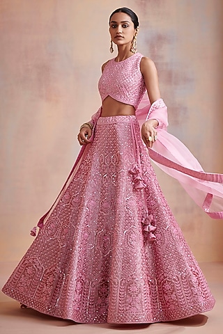 Pink Hand Embellished Lehenga Set by Suhino