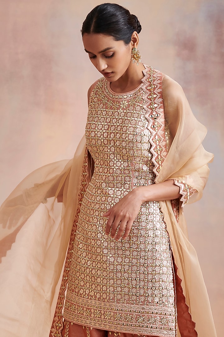 Melon Orange Slub Silk Mirror Embroidered Gharara Set by Suhino at Pernia's Pop Up Shop