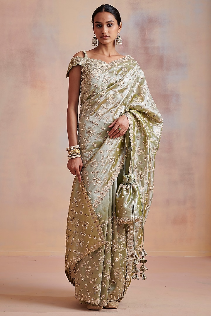 Moss Green Tissue Aari Embellished Saree Set by Suhino