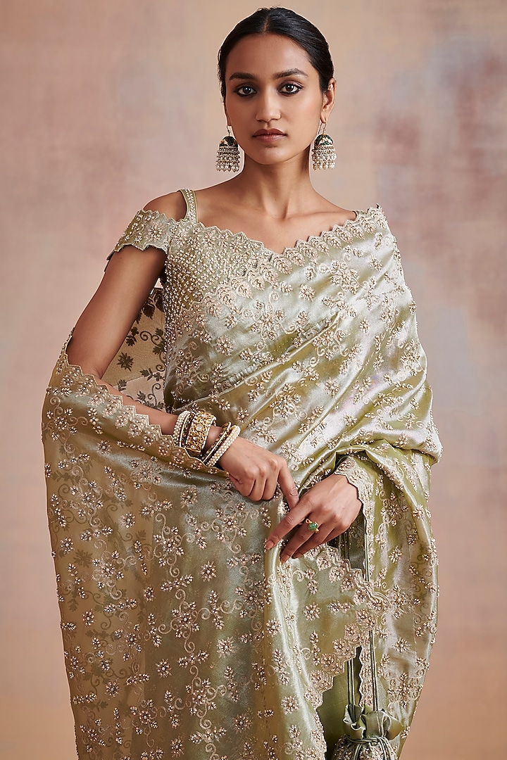 Moss Green Tissue Aari Embellished Wedding Saree Set by Suhino at Pernia's Pop Up Shop