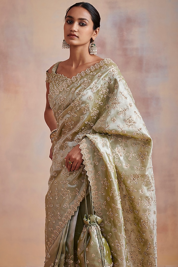 Moss Green Tissue Aari Embellished Wedding Saree Set by Suhino at Pernia's Pop Up Shop