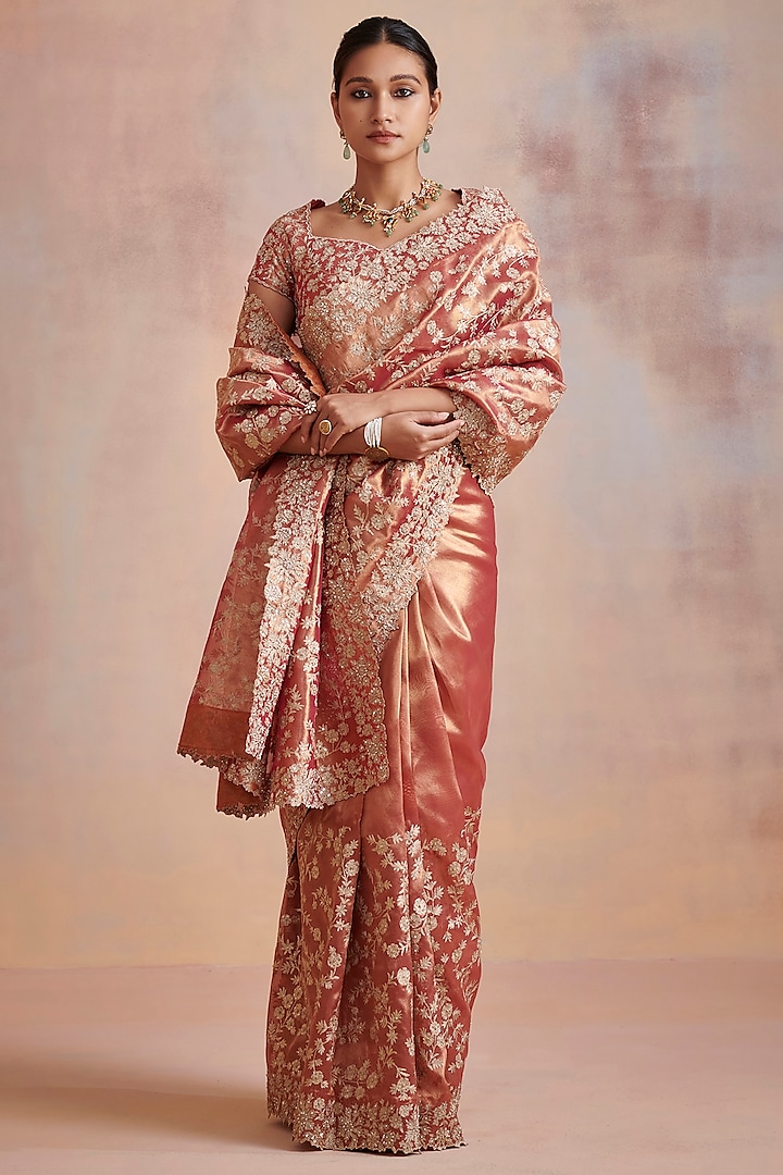 Rust Tissue Aari Hand Embellished Saree Set by Suhino