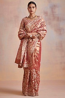 Rust Tissue Aari Hand Embellished Saree Set by Suhino-GANESH CHATURTHI
