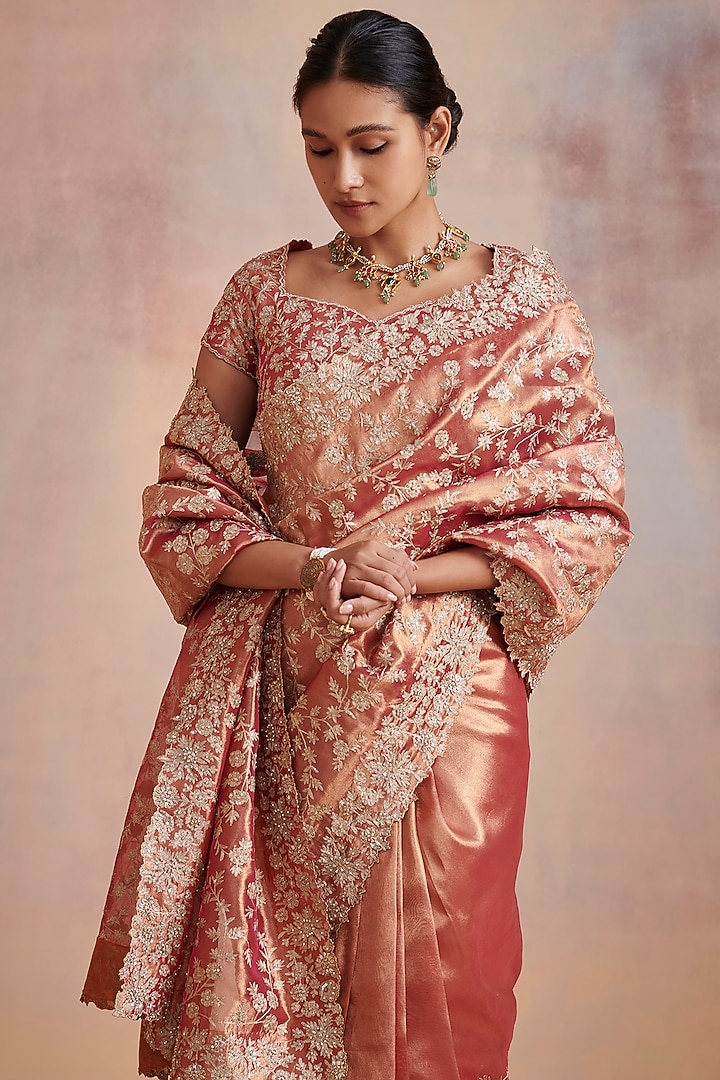 Rust Tissue Aari Hand Embellished Wedding Saree Set by Suhino at Pernia's Pop Up Shop