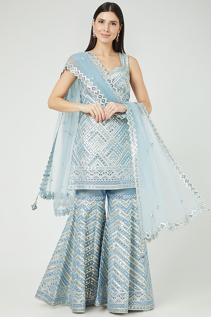 Ice Blue Embroidered Wedding Sharara Set by Suhino at Pernia's Pop Up Shop