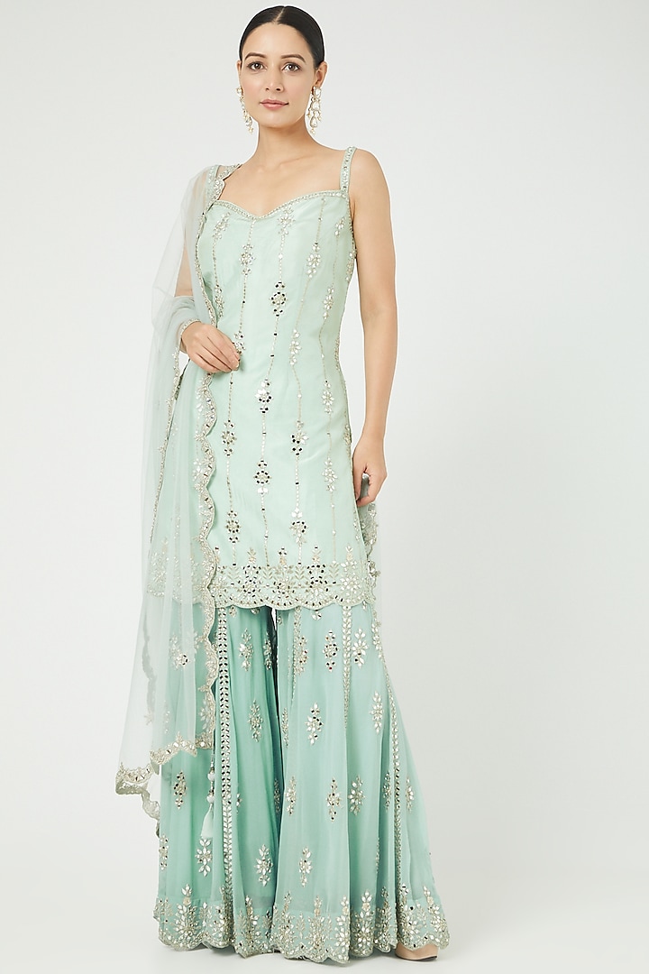 Mint Green Embroidered Gharara Set by Suhino