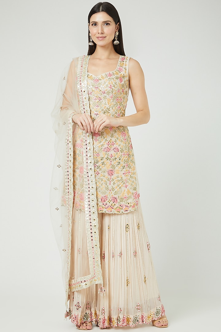 Off White Embroidered Gharara Set by Suhino