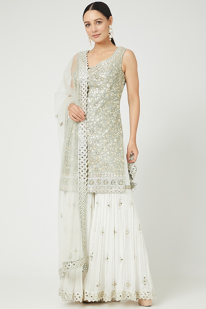 White Slub Silk Embroidered Gharara Set by Suhino at Pernia's Pop Up Shop