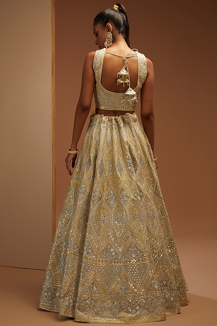 Light Yellow Slub Silk Embroidered Wedding Lehenga Set by Suhino at Pernia's Pop Up Shop