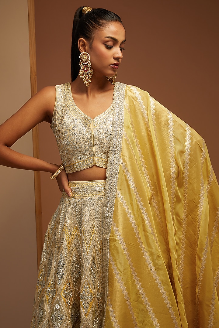 Light Yellow Slub Silk Embroidered Wedding Lehenga Set by Suhino at Pernia's Pop Up Shop