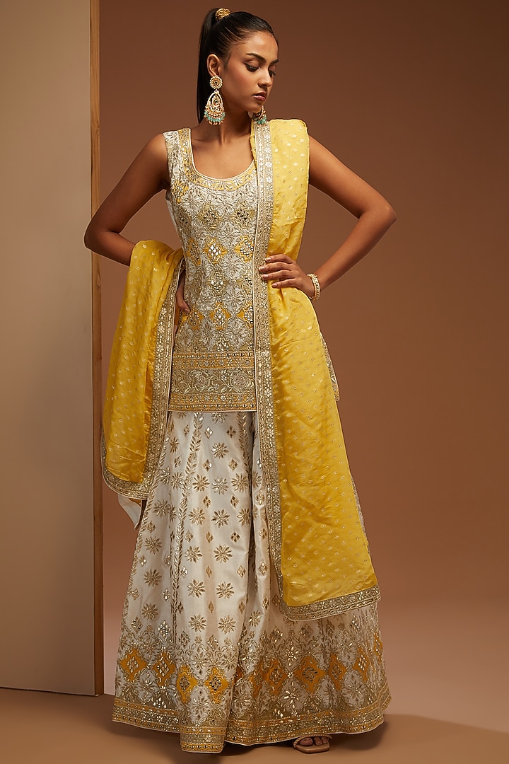 White Slub Silk Embroidered Wedding Sharara Set by Suhino at Pernia's Pop Up Shop