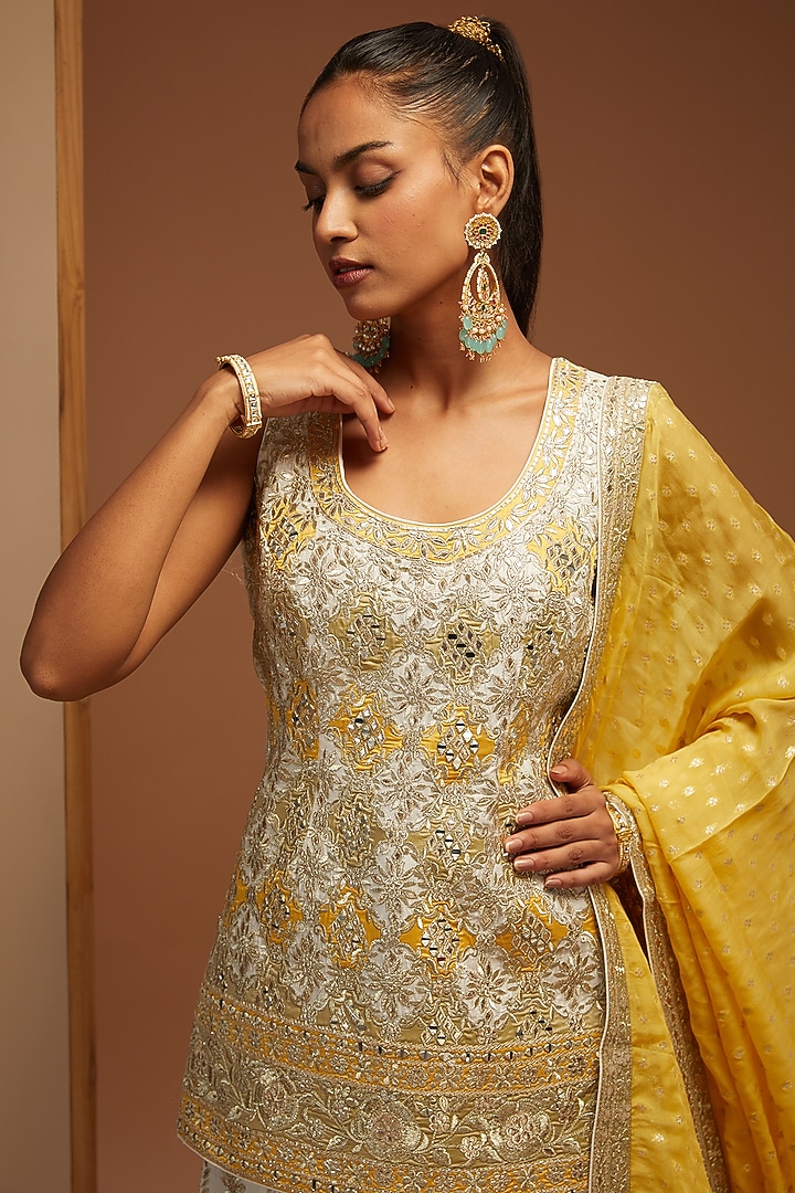 White Slub Silk Embroidered Wedding Sharara Set by Suhino at Pernia's Pop Up Shop