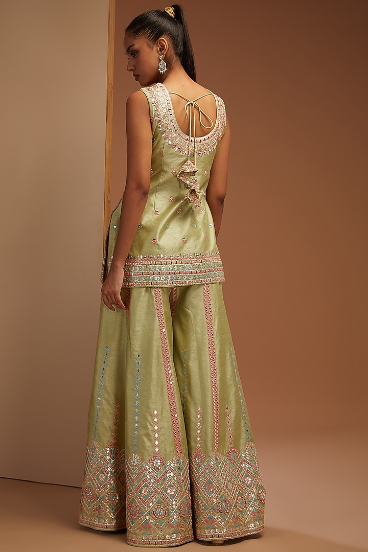 Green Slub Silk Embroidered Wedding Sharara Set by Suhino at Pernia's Pop Up Shop