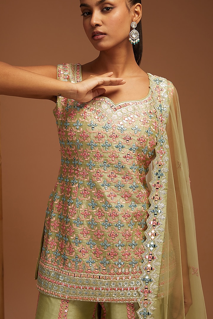 Green Slub Silk Embroidered Wedding Sharara Set by Suhino at Pernia's Pop Up Shop