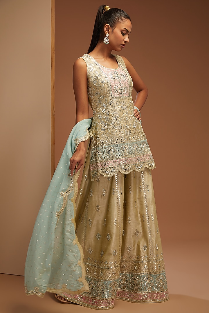 Pista & Aqua Slub Silk Embroidered Wedding Sharara Set by Suhino at Pernia's Pop Up Shop