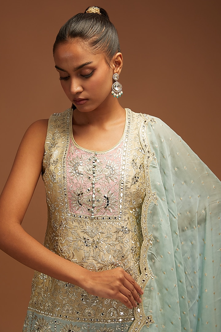 Pista & Aqua Slub Silk Embroidered Wedding Sharara Set by Suhino at Pernia's Pop Up Shop