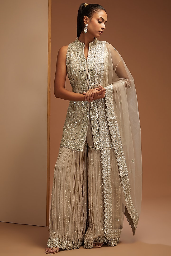 Champagne Slub Silk Embroidered Sharara Set by Suhino at Pernia's Pop Up Shop