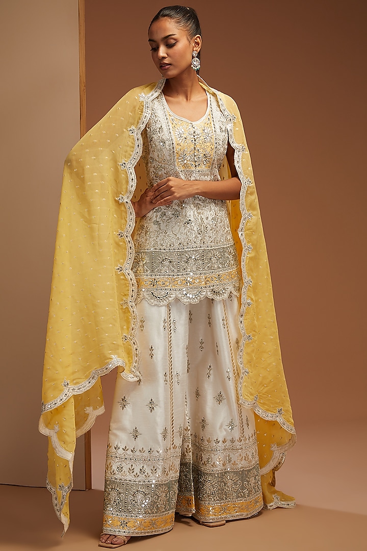 White Slub Silk Embroidered Sharara Set by Suhino at Pernia's Pop Up Shop