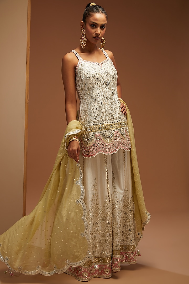 White Slub Silk Embroidered Sharara Set by Suhino at Pernia's Pop Up Shop