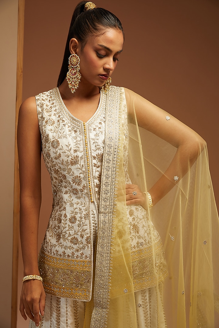 White Slub Silk Embroidered Wedding Sharara Set by Suhino at Pernia's Pop Up Shop