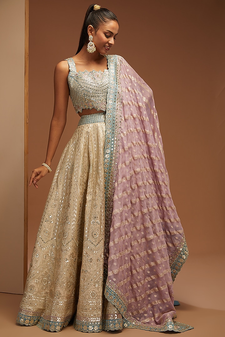 Champagne Banarasi & Slub Silk Embroidered Wedding Lehenga Set by Suhino at Pernia's Pop Up Shop