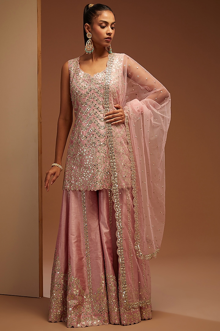 Pink Slub Silk Embroidered Wedding Sharara Set by Suhino at Pernia's Pop Up Shop