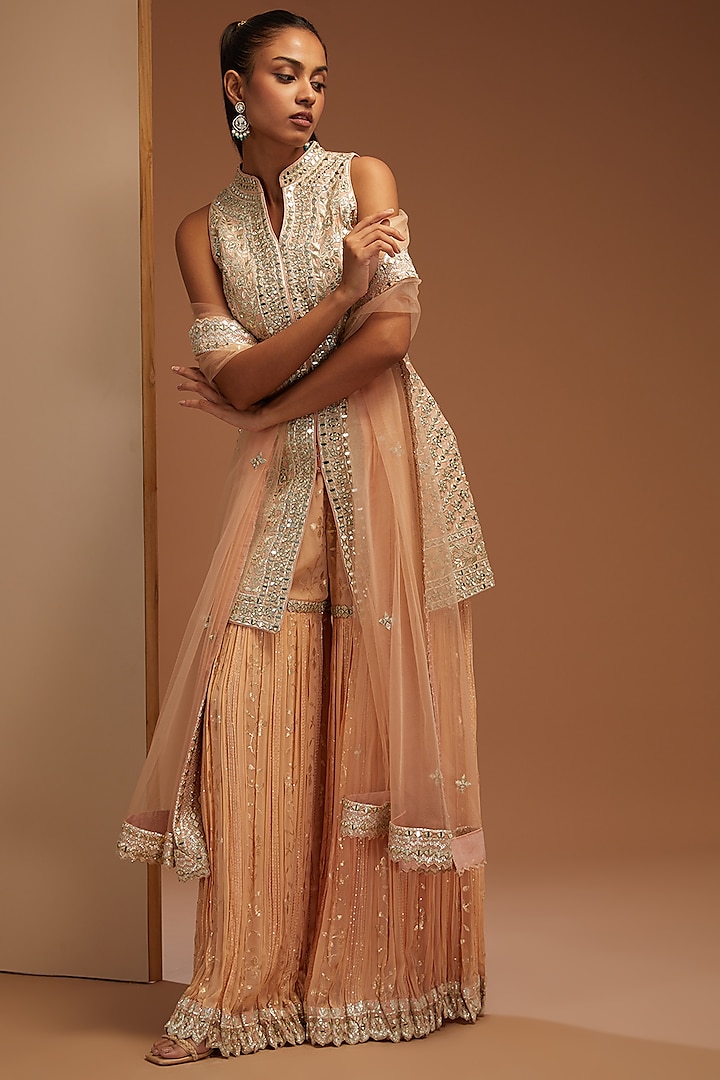 Peach Slub Silk Embroidered Sharara Set by Suhino at Pernia's Pop Up Shop