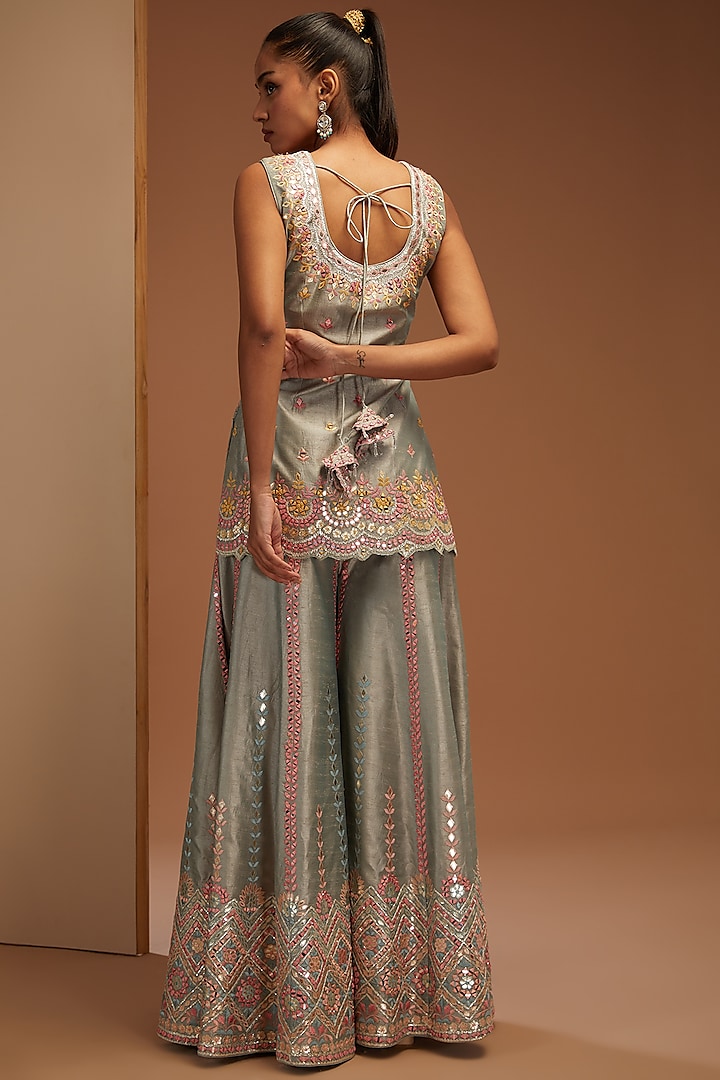 Grey Slub Silk Embroidered Wedding Sharara Set by Suhino at Pernia's Pop Up Shop
