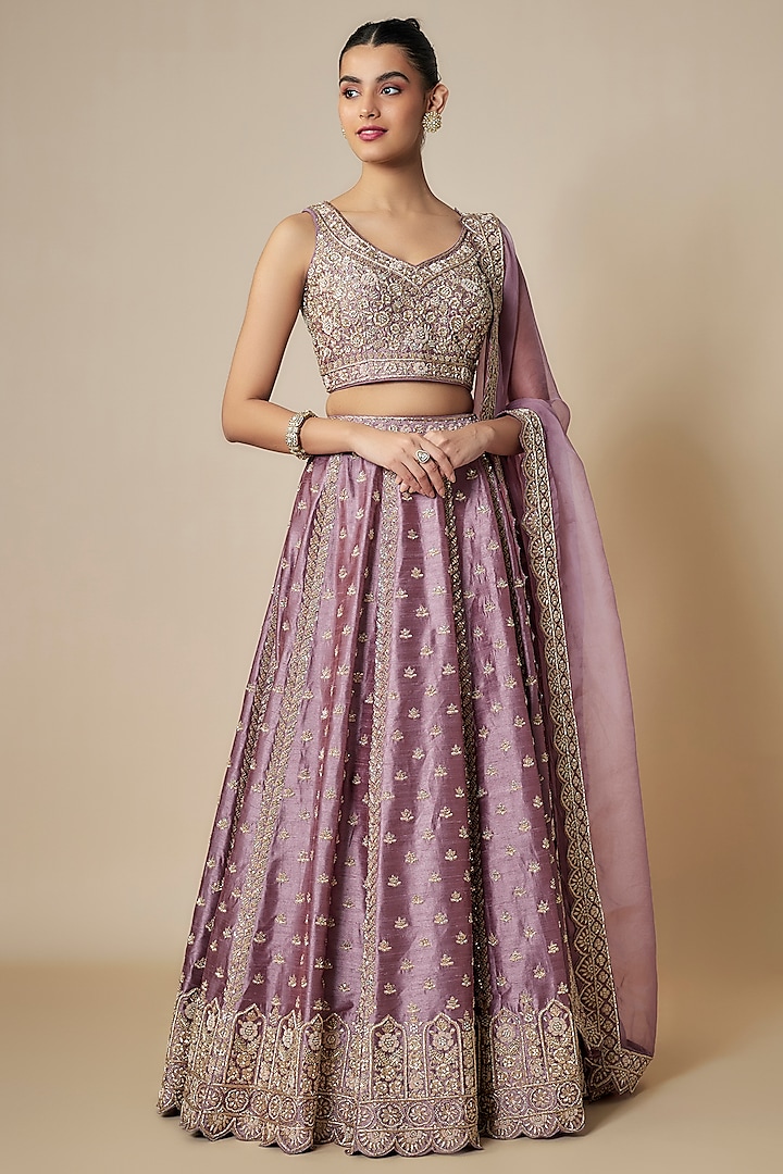 Purple Slub Silk Zardosi & Pearl Embroidered Lehenga Set by Suhino