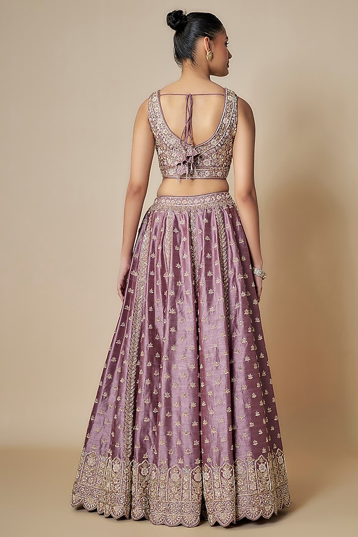 Purple Slub Silk Zardosi & Pearl Embroidered Bridal Lehenga Set by Suhino at Pernia's Pop Up Shop