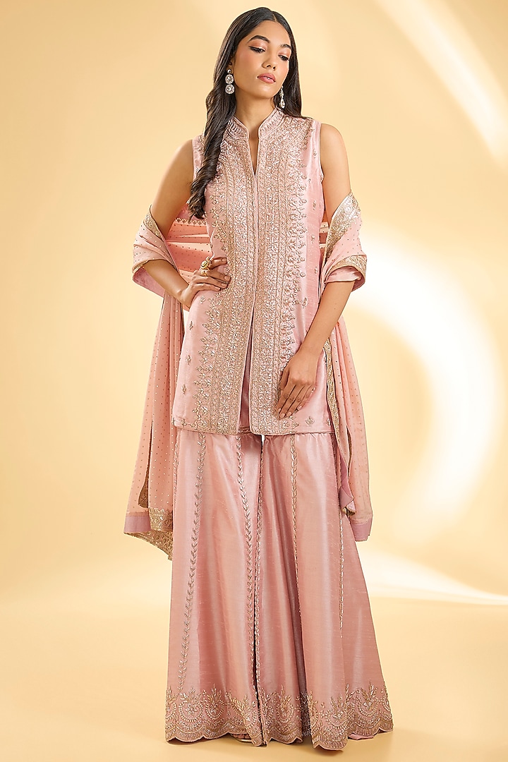 Peach Slub Silk Zardosi Embroidered Gharara Set by Suhino at Pernia's Pop Up Shop