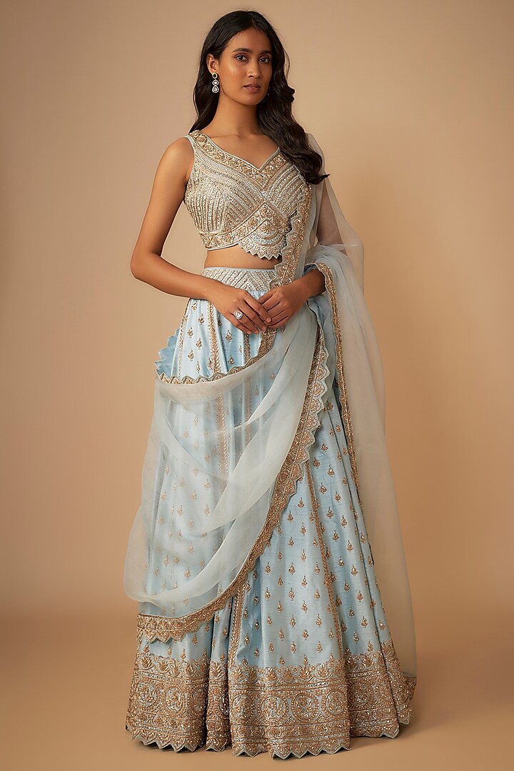 Ice Blue Slub Silk Pearls & Zardosi Embroidered Wedding Lehenga Set by Suhino at Pernia's Pop Up Shop