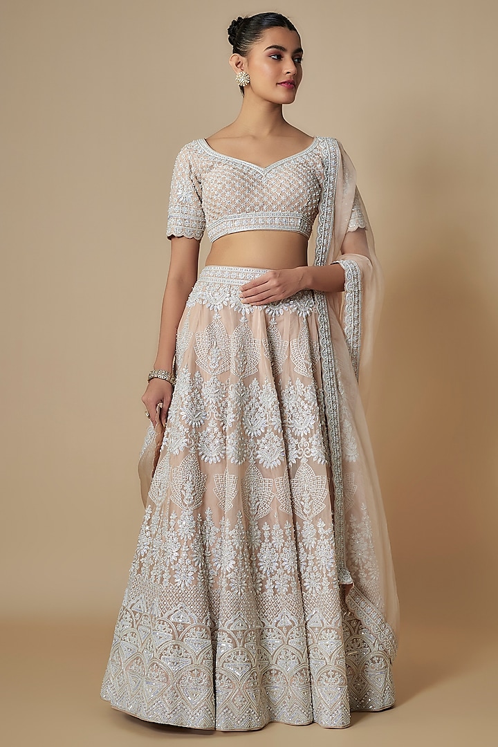 Champagne Organza Sequins & Pearl Embroidered Lehenga Set by Suhino