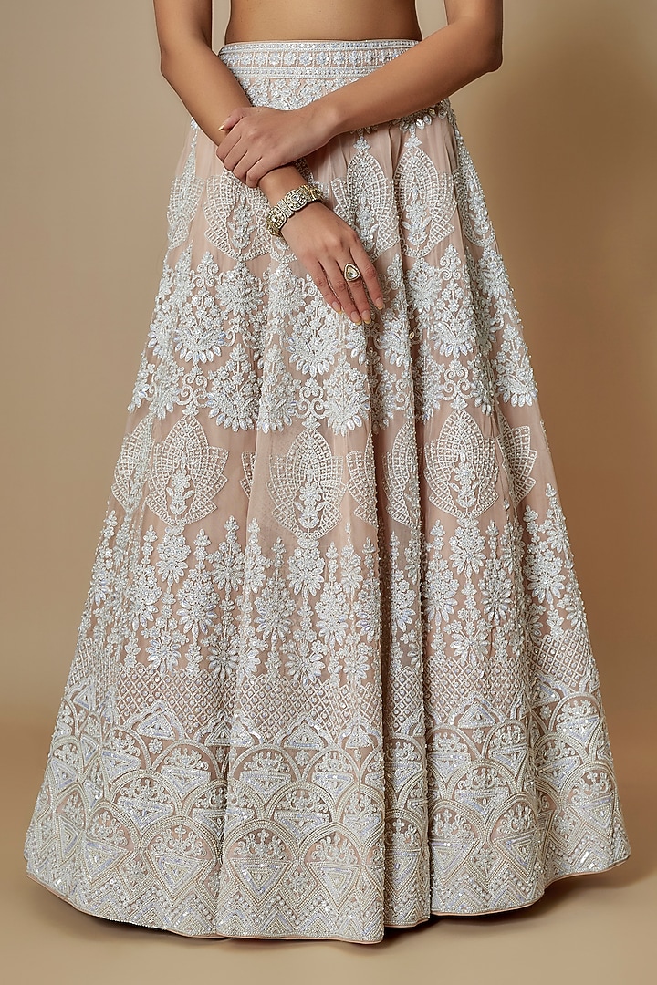 Champagne Organza Sequins & Pearl Embroidered Wedding Lehenga Set by Suhino at Pernia's Pop Up Shop