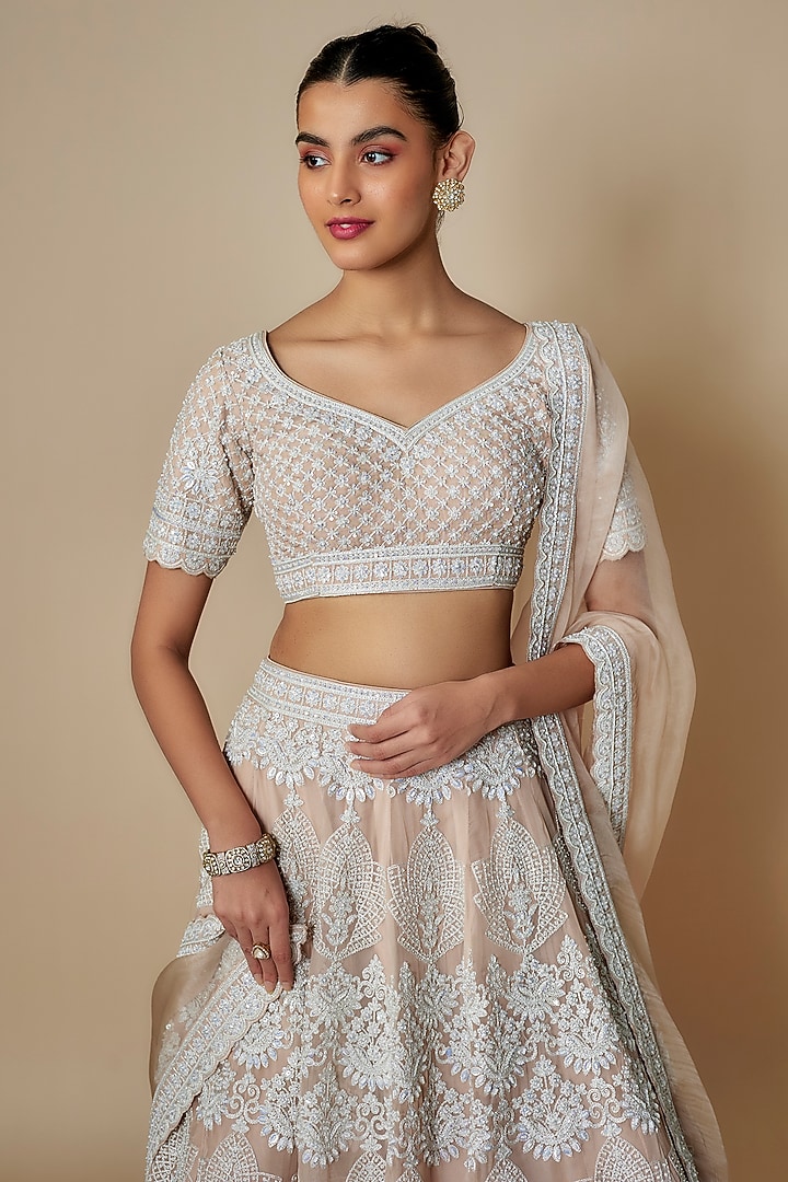 Champagne Organza Sequins & Pearl Embroidered Wedding Lehenga Set by Suhino at Pernia's Pop Up Shop