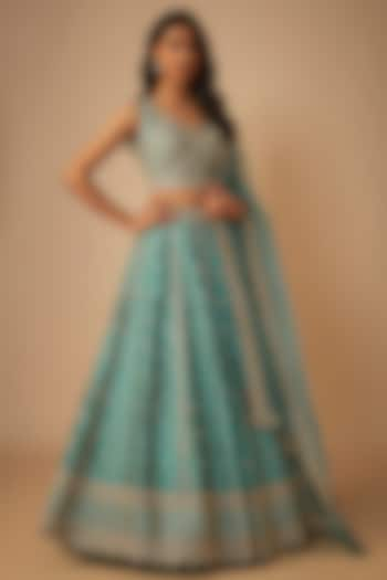 Turquoise Slub Silk Pearls & Zardosi Embroidered Wedding Lehenga Set by Suhino at Pernia's Pop Up Shop