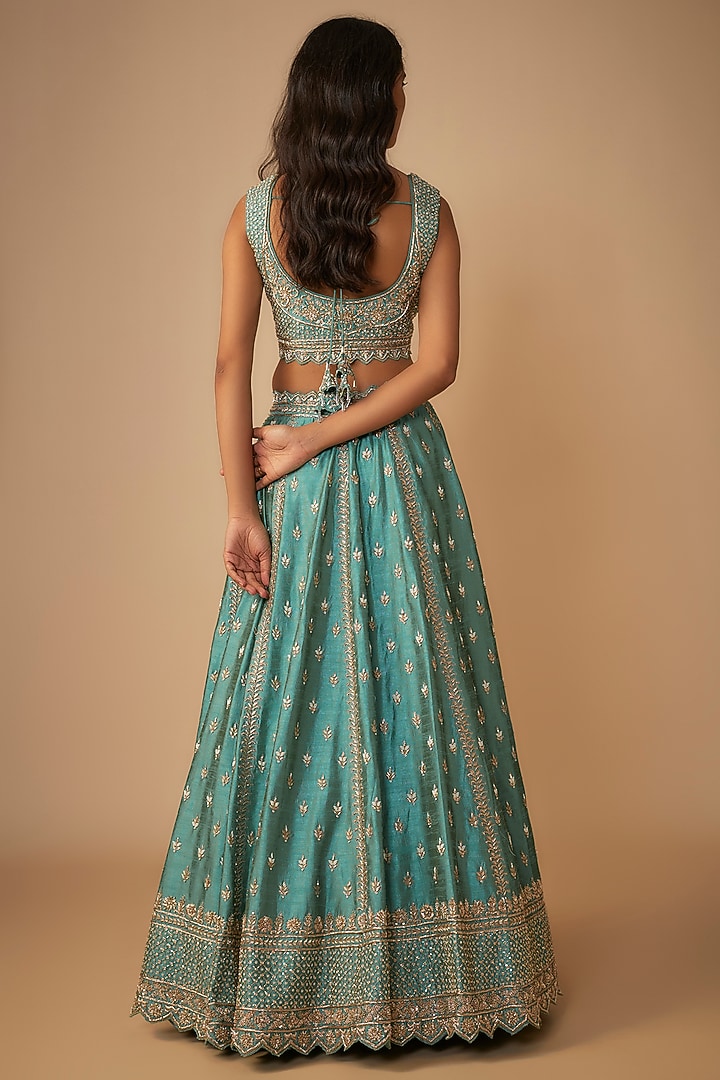 Turquoise Slub Silk Pearls & Zardosi Embroidered Bridal Lehenga Set by Suhino at Pernia's Pop Up Shop