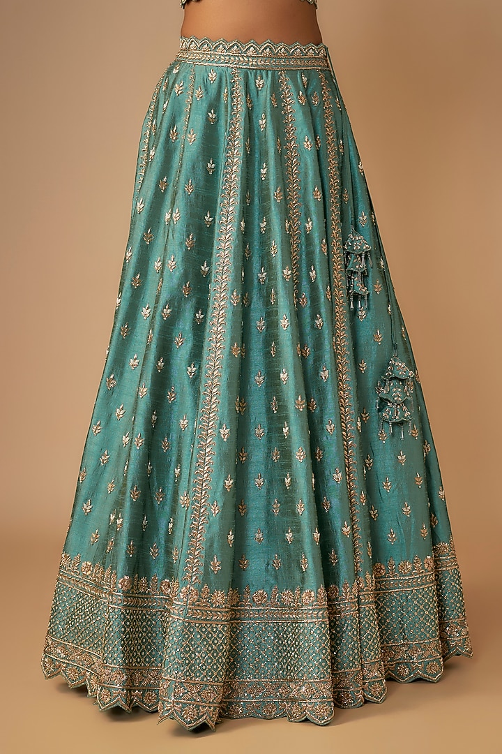 Turquoise Slub Silk Pearls & Zardosi Embroidered Bridal Lehenga Set by Suhino at Pernia's Pop Up Shop