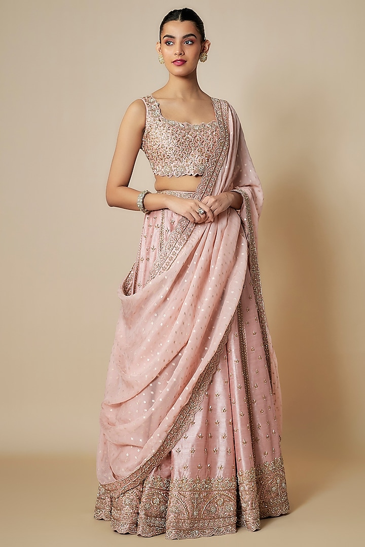 Pink Slub Silk Zardosi & Pearl Embroidered Wedding Lehenga Set by Suhino at Pernia's Pop Up Shop