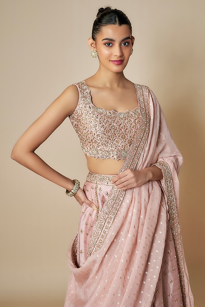 Pink Slub Silk Zardosi & Pearl Embroidered Bridal Lehenga Set by Suhino at Pernia's Pop Up Shop