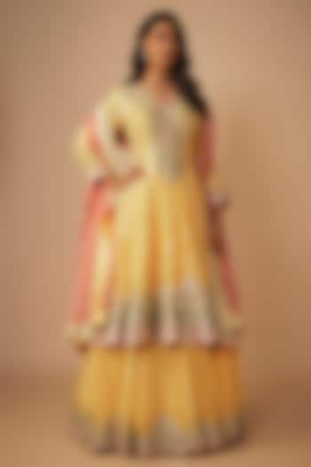 Yellow Georgette Mirror & Zari Embroidered Lehenga by Suhino