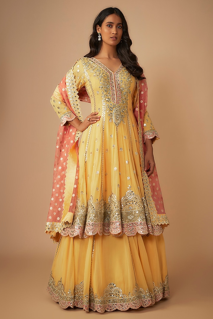 Yellow Georgette Mirror & Zari Embroidered Lehenga by Suhino