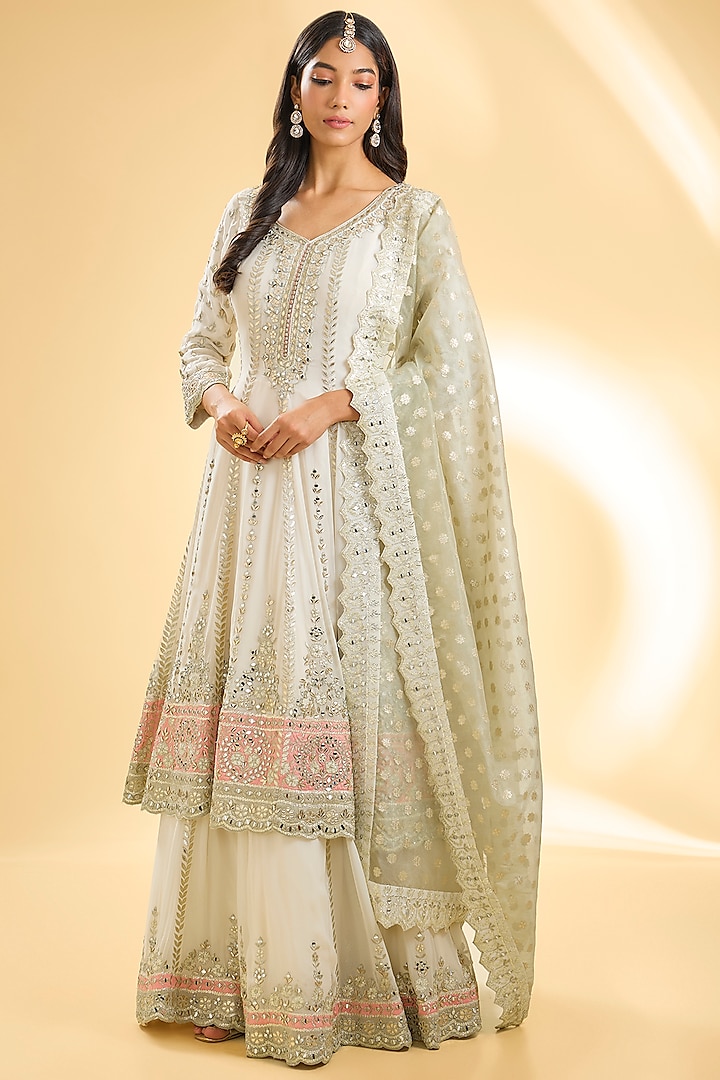 White Georgette Mirror Embroidered Anarkali Set by Suhino at Pernia's Pop Up Shop