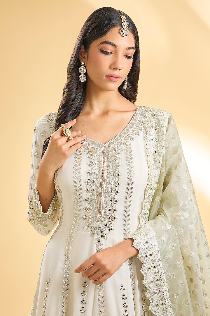 White Georgette Mirror Embroidered Wedding Anarkali Set by Suhino at Pernia's Pop Up Shop