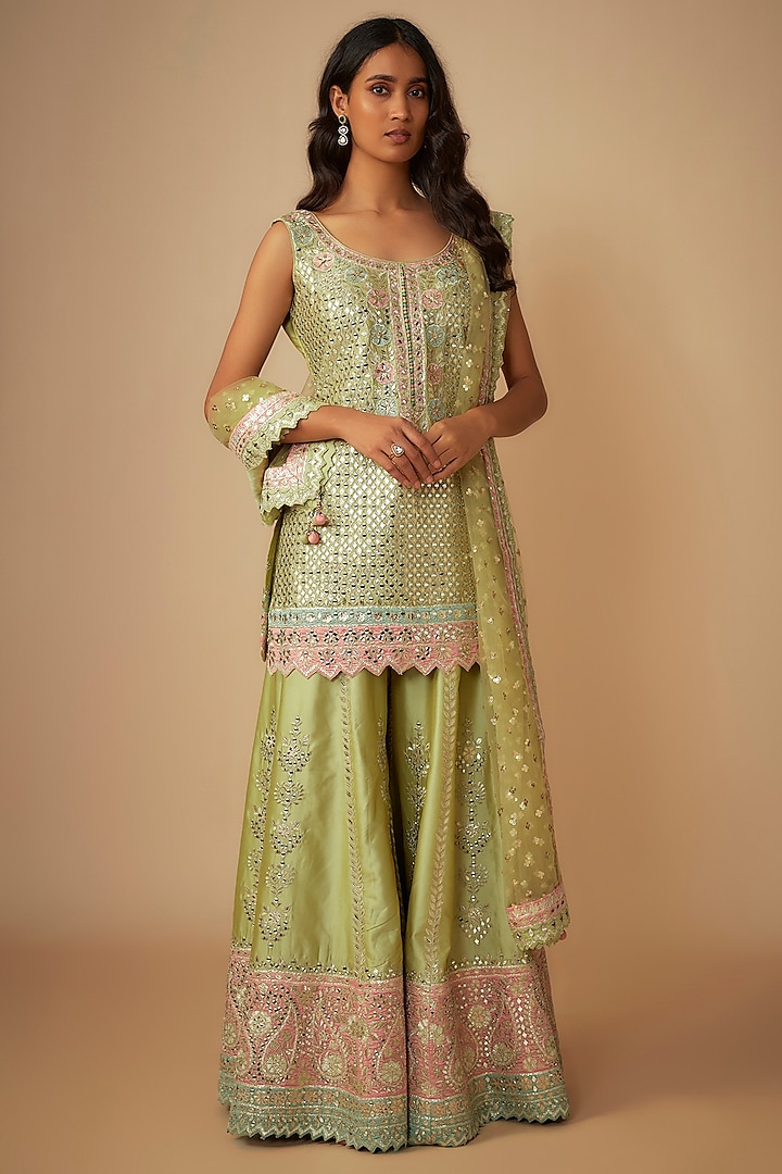 Green Taffeta Silk Mirror & Zari Embroidered Sharara Set by Suhino at Pernia's Pop Up Shop