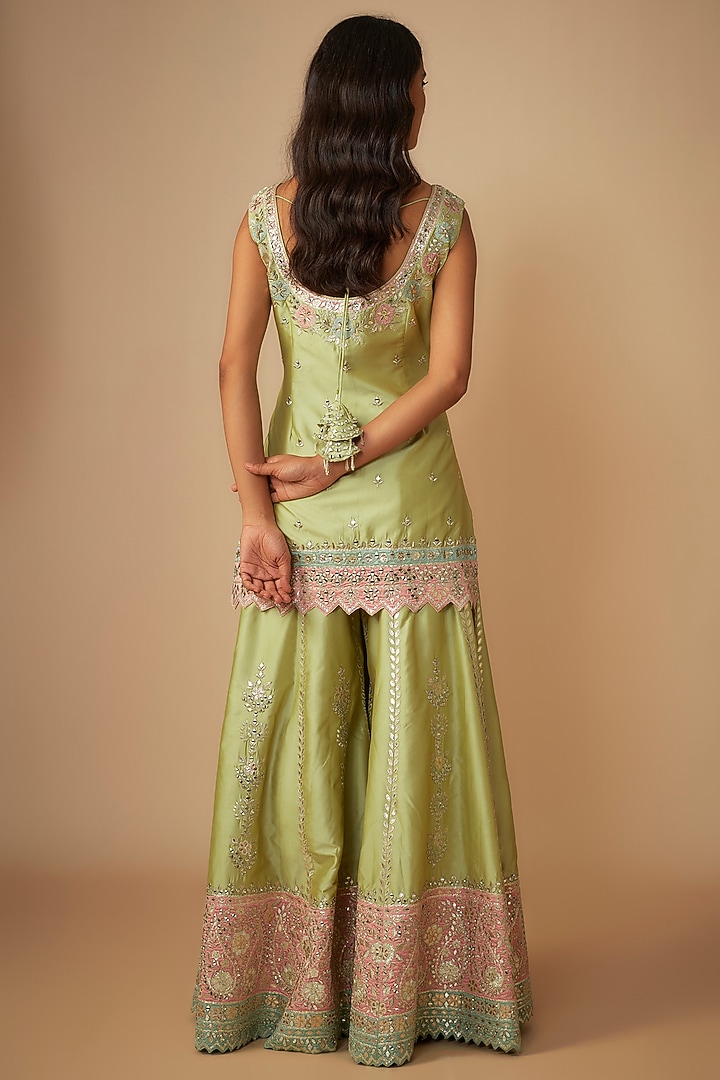 Green Taffeta Silk Mirror & Zari Embroidered Wedding Sharara Set by Suhino at Pernia's Pop Up Shop
