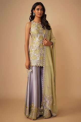 Purple Slub Silk Resham & Mirror Embroidered Sharara Set by Suhino